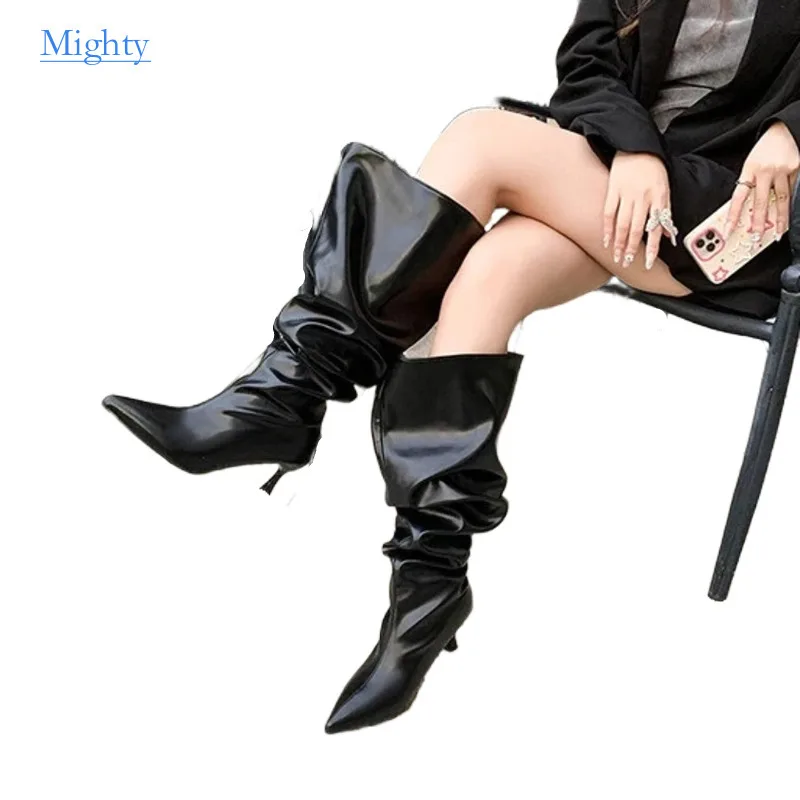 

2024 Autumn and Winter New Wide Girth Women's Boots High Heel Barrel Pointed Thin Heel Over the Knee Long Women Show Thin Shoes