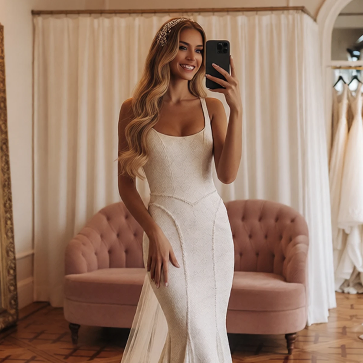 Elegant Beaded Mermaid Square Collar Wedding Dresses With Train Long Sheath Bridal Gown For Women Vestidos Novia