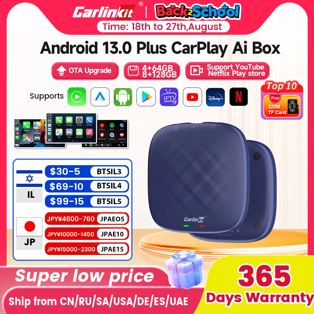 Carlinkit carplay ai tv box plus android13 8 + 128gb qcm 8-core 665 6125 carplay sem fio android auto para youtube netflix 4g lte