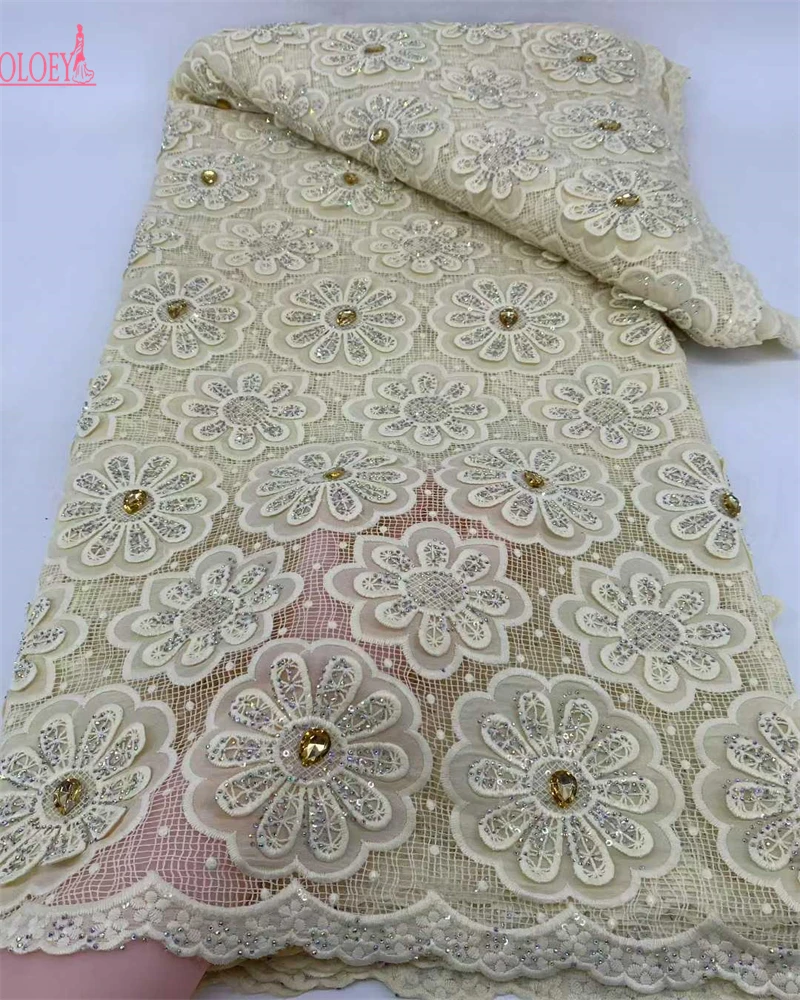 

OLOEY African Nigerian High-Quality Embroidery Sequins Tulle Lace Fabric Guipure Beads for Prom Dresses Cotton