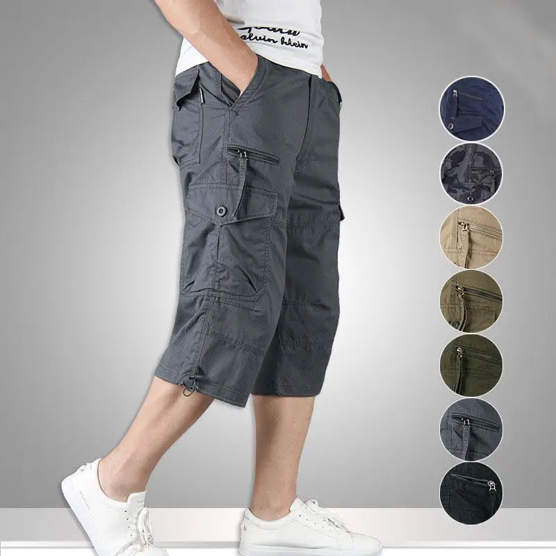 

100% Cotton Men's Cargo Long Shorts, Summer Outdoor Tactical Bermuda Shorts For Man, Oversized Man Cropped Trousers