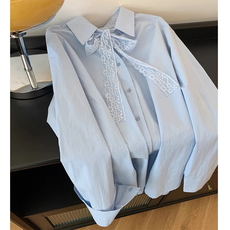 

Sweet Blue Polka Dot irt Women's Spring 2025 New College Sle Faionable Top Knot Long Sve Loose Fit