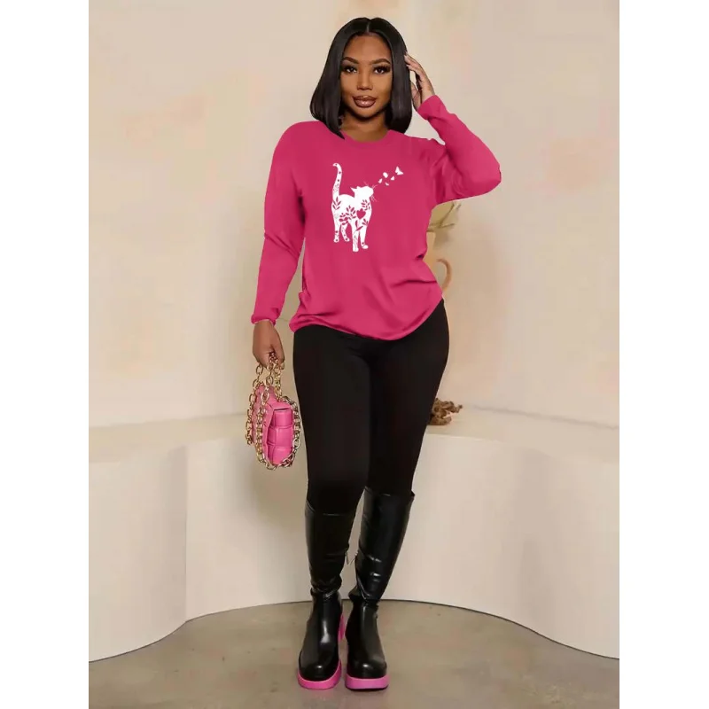 Conjunto de dos piezas de camiseta y pantalones de manga larga con cuello redondo, estampado creativo y casual para mujeres, para primavera, otoño e invierno