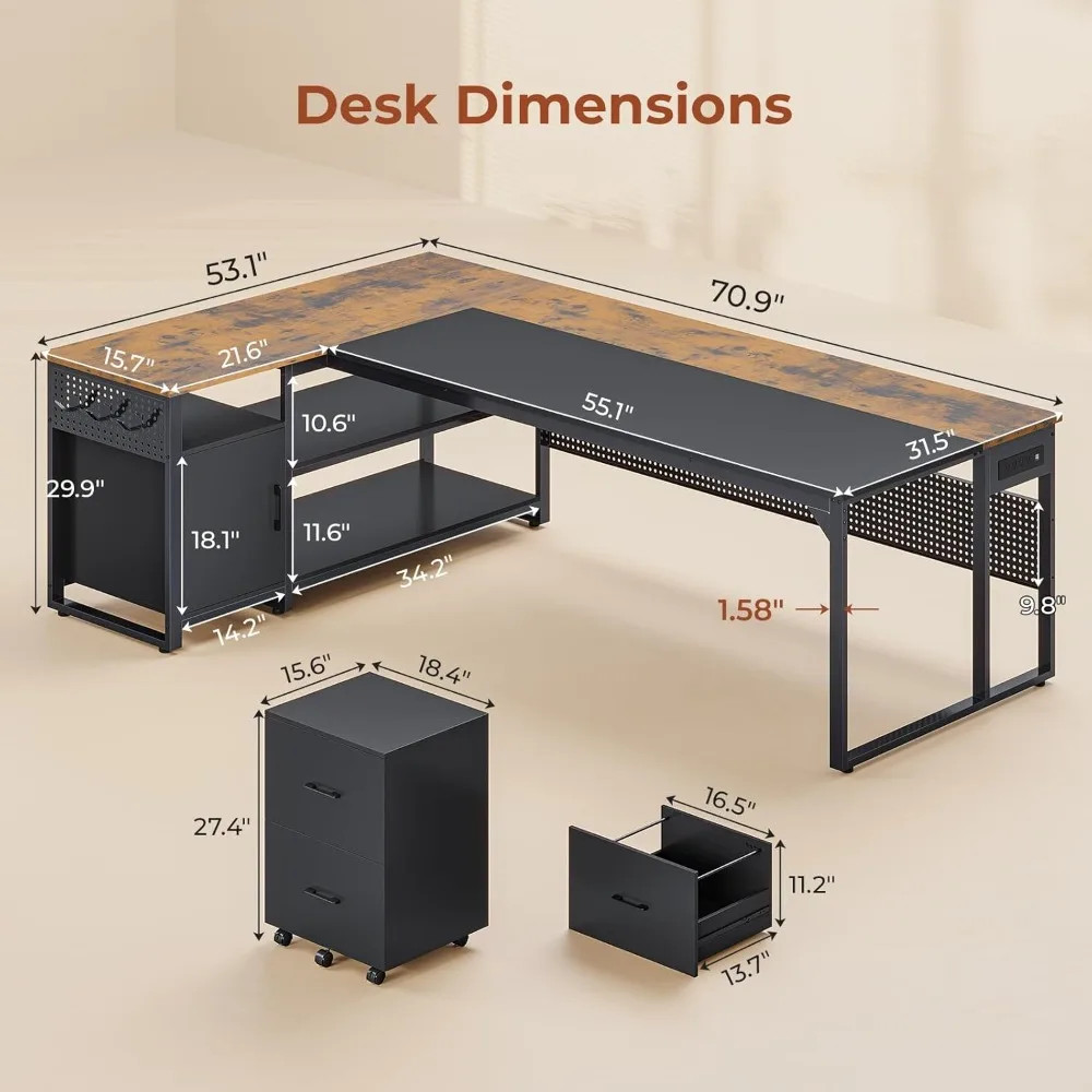 مكتب تنفيذي مقاس 71 بوصة، مكتب على شكل حرف L قابل للعكس مع خزانة ملفات متنقلة ومنافذ طاقة، مكتب كبير مع أدراج، تخزين S