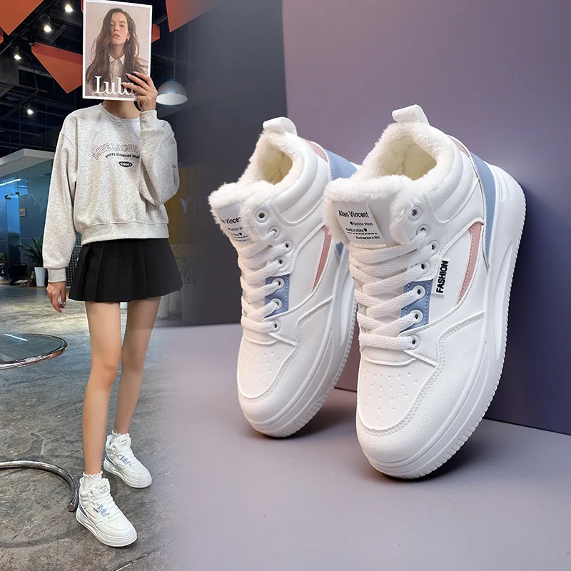 

Women's High Top Cotton Shoes Fleece Lined Warm All Season Large Size Slip-On Short Boots Cross Laced PU Material Shoes