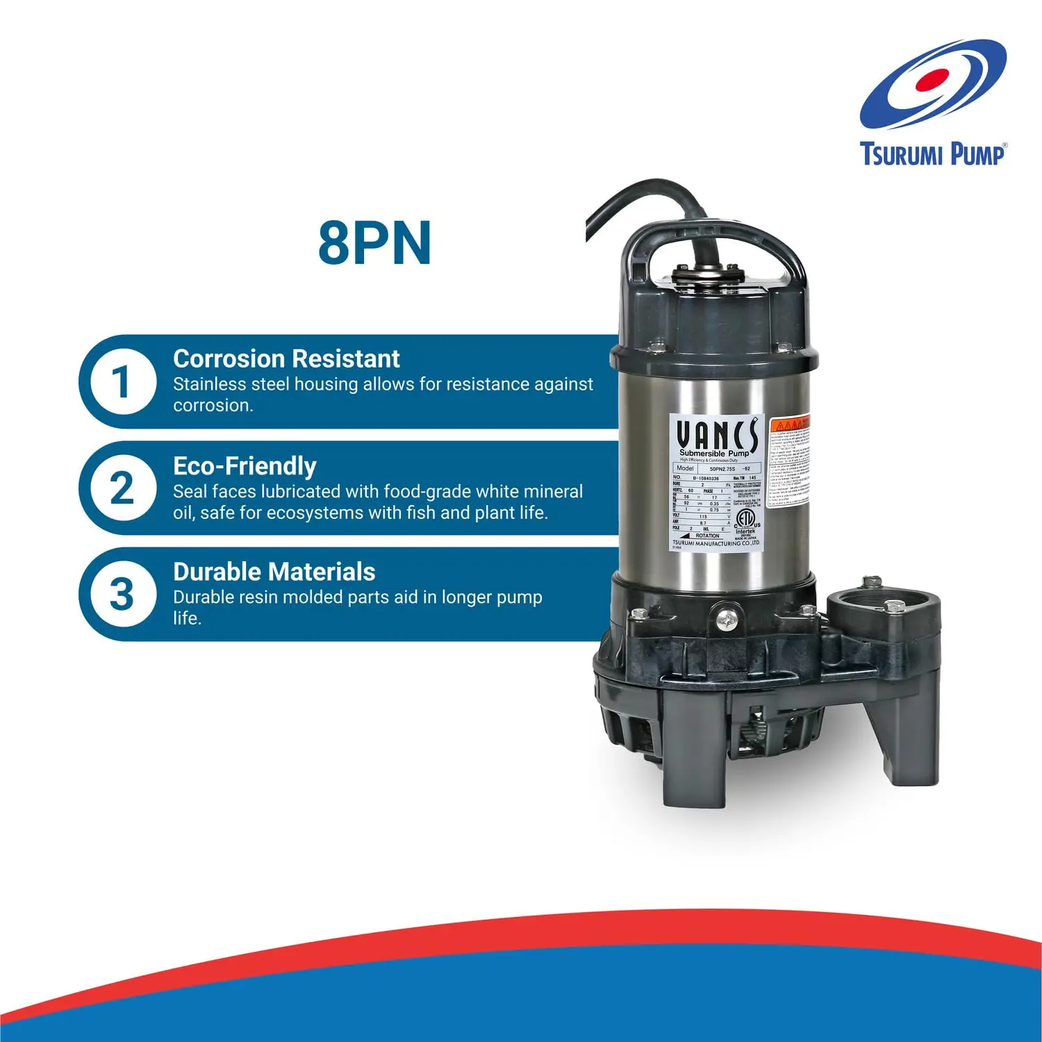 Tsurumi Pump 8-PN | Submersible Pond Pump/Waterfall Pump | 1 HP, 115V, 2 in Discharge | Ideal Water Feature Pump for Ponds