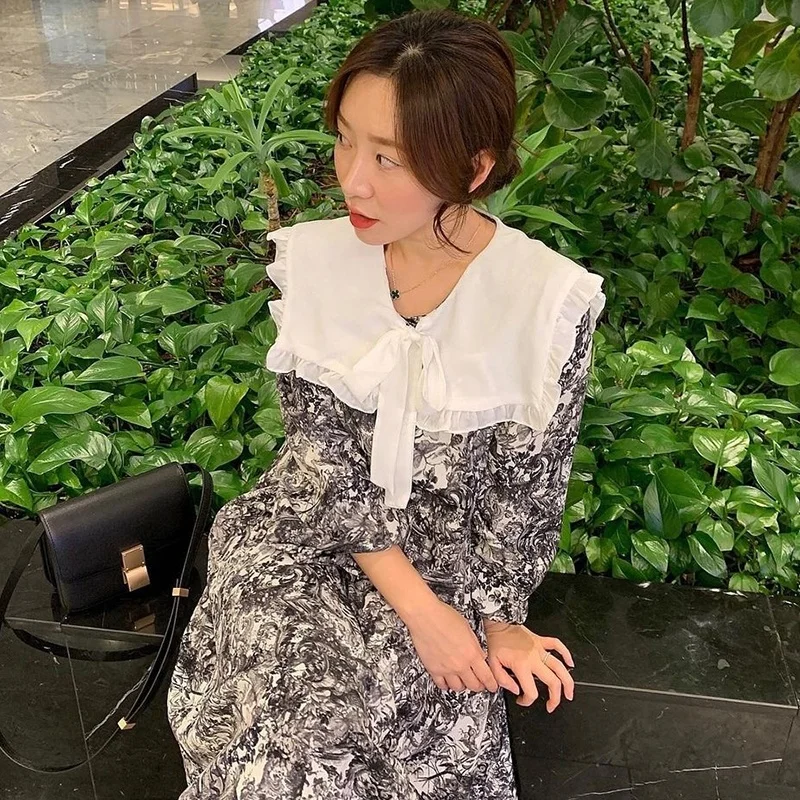 Chic Retro Large Collar Floral Print Bubble Sve Long Dr Loose Fit Splice Texture High Waist Skirt Sle Women's Dr