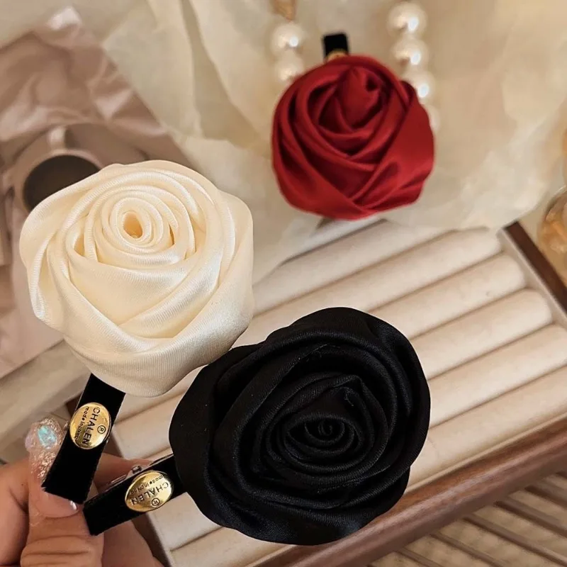 French Satin Retro Handmade Rose Barrettes Three-Dimensional Flower Side Clip Bangs Clip Headdress Cropped Hair Clip Women