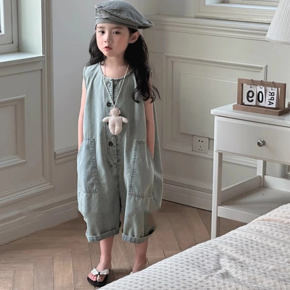 Bear Leader 2025 Summer Solid Color Girls Clothes Cute Kids Jumpsuit Korean Version Fashion Retro Children\'s Clothing 3-7 Years