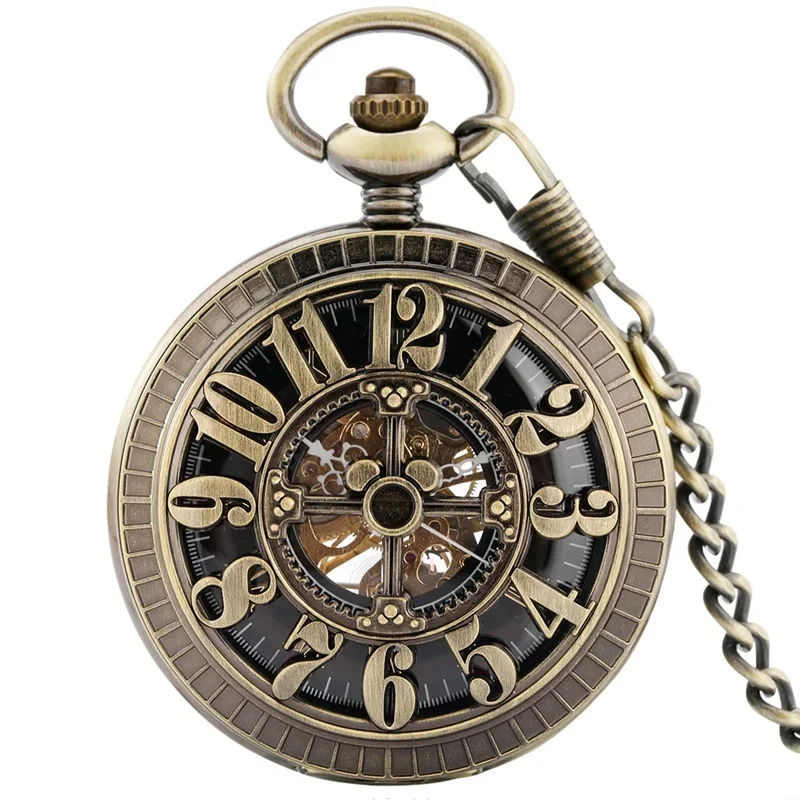 Antique Clock Roman Number Dial Men Women Handwind Mechanical Pocket Watch FOB Pendant  Chain Hollow Out Numeral Case Clock Gift