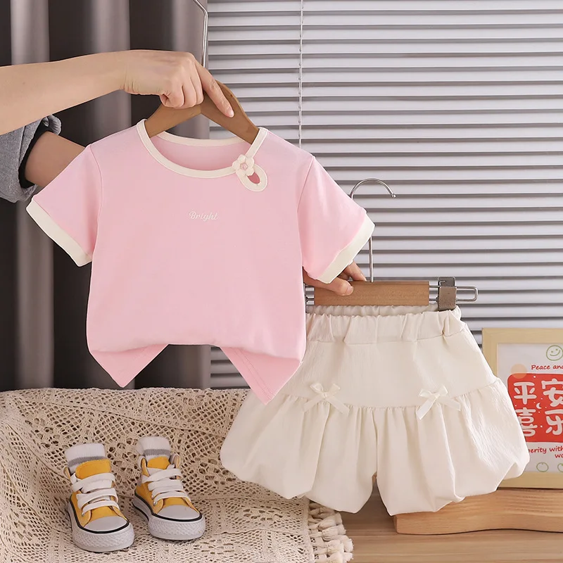Baby Girl Summer Outfit Set 2026 New Chinese Style Flower Decor Short Sleeve T-Shirt + Bow Ruffle Shorts Cute Kids Clothes 0-5Y