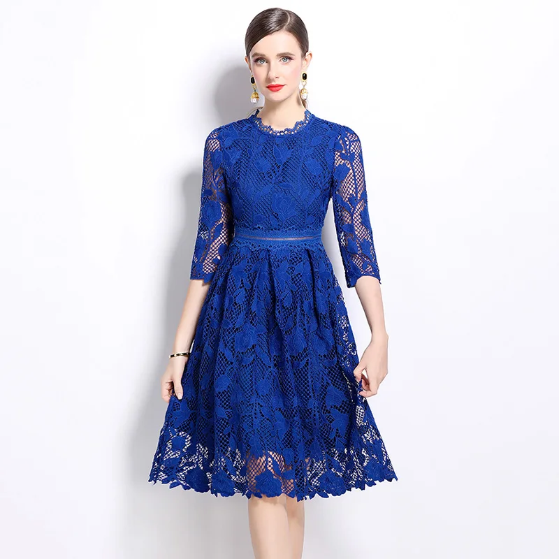 New 2024 Autumn Fashion Casual Luxury Lace Dress Elegant Slim 2/3 Sleeved Hollow Out Knee-Length Women Party Dresses