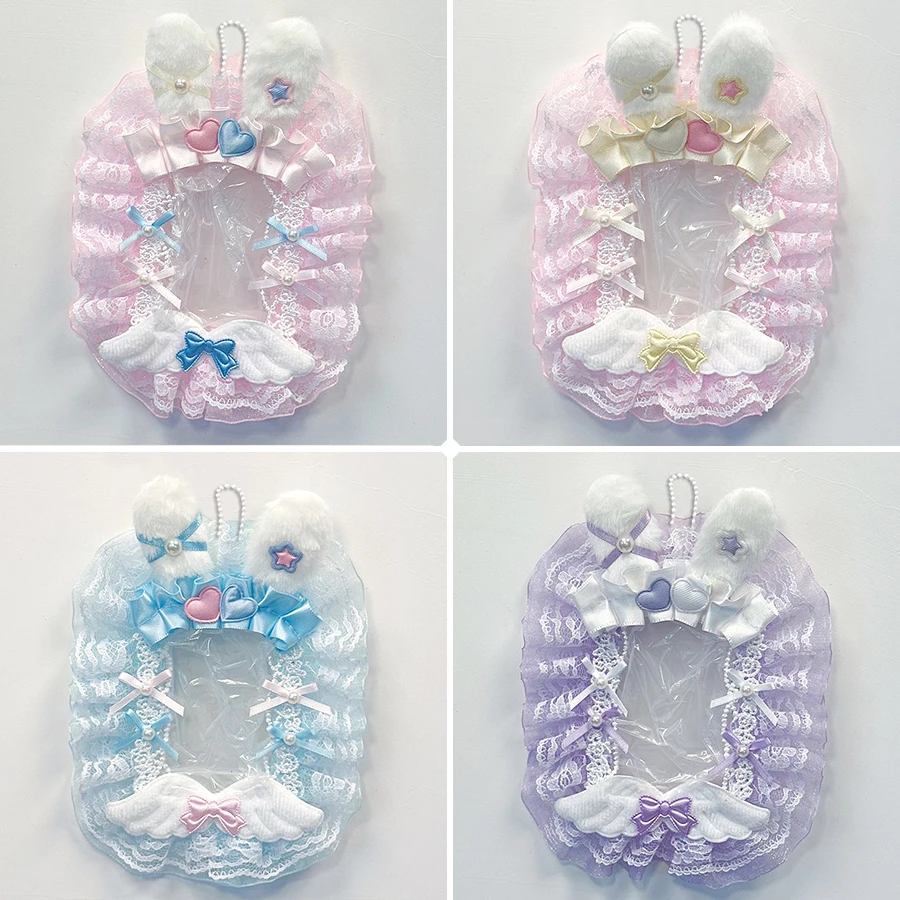 Portafotos de Encaje, 1 Pieza, Colorido, con Orejas de Conejo de Peluche, Lazo y Cadena para Colgar, Producto Terminado Hecho a Mano, Porta Tarjetas de Personajes de Anime y Videojuegos, Porta Tarjetas de Colección para Fans, Porta Tarjetas Transparente para Estudiantes, Decoración de Estilo Lolita