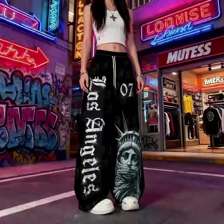 2026 New Statue of Liberty Graphic Sweatpants Quick Dry Men's/Kids Black Gothic Letter Print WideTrousers Y2K Streetwear Joggers