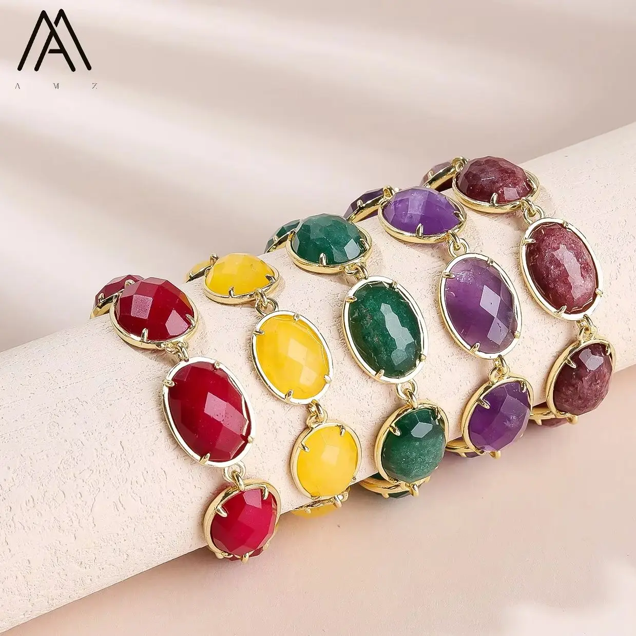 Oval Natural Facted Stone Bracelet Women's Accessory Vintage Luxury Statement Jewelry Natural Amethyst Gemstone Bangle Gift