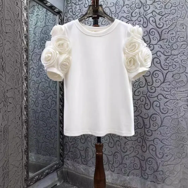 OCEANLOVE wiosna lato T Shirt damski 3D kwiaty Ins moda Vintage Ropa De Mujer eleganckie proste słodkie solidne koszulki