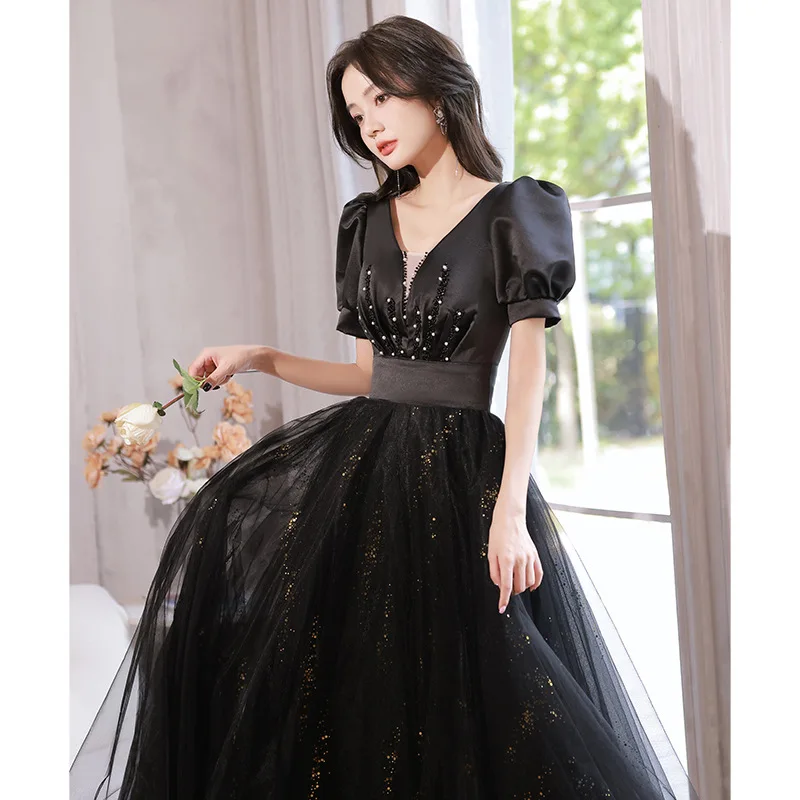 

Black evening dress skirt women's 2024 new banquet temperament elegant generous simplicity high sense annual meeting summer