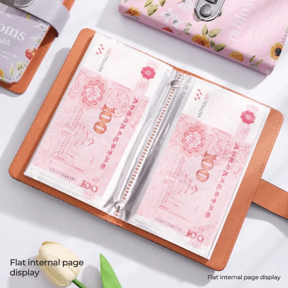 Sunflower Print Cash Saving Binder Large Capacity with Password Lock Banknote Collection Album Double-sided Budget Planner