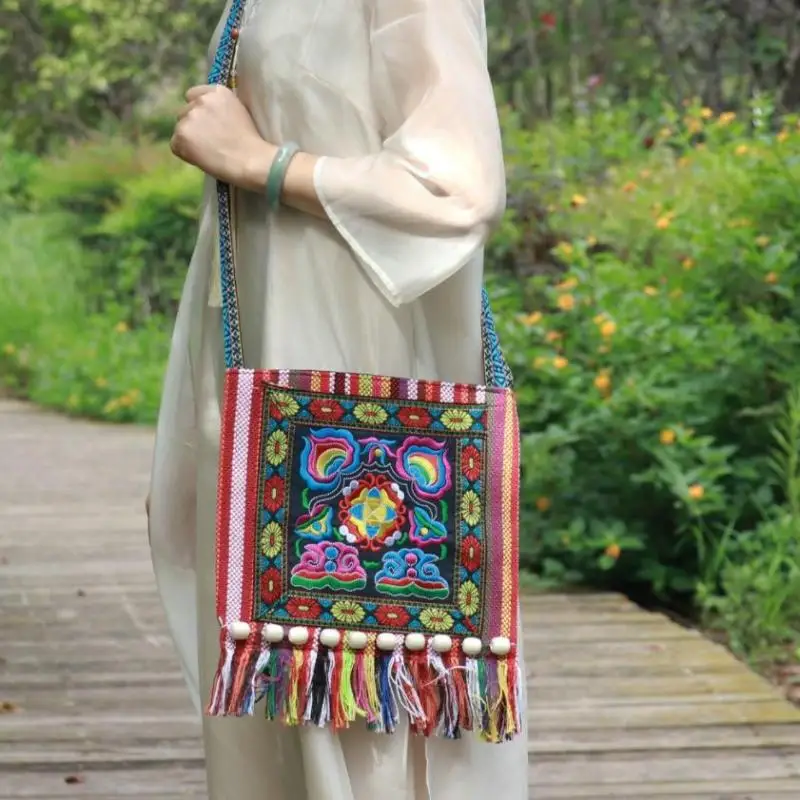 Handmade Ethnic Embroidery Crossbody Bag With Colorful Tassels Woven Strap For Travel Casual Outings Boho Style Lovers