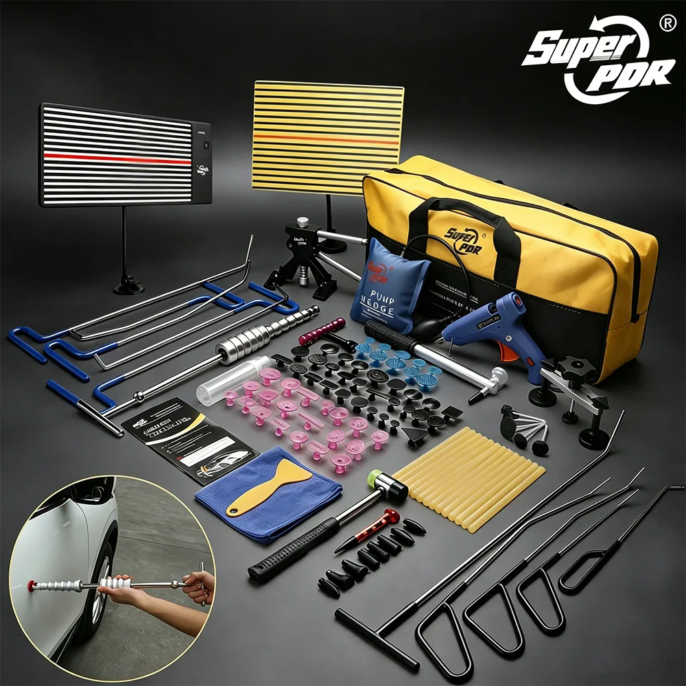 Kit d'outils de réparation de bosses sans peinture Super PDR avec 10 leviers, panneau lumineux LED, tirette en T, tirette à pont, languettes de colle – Ensemble complet