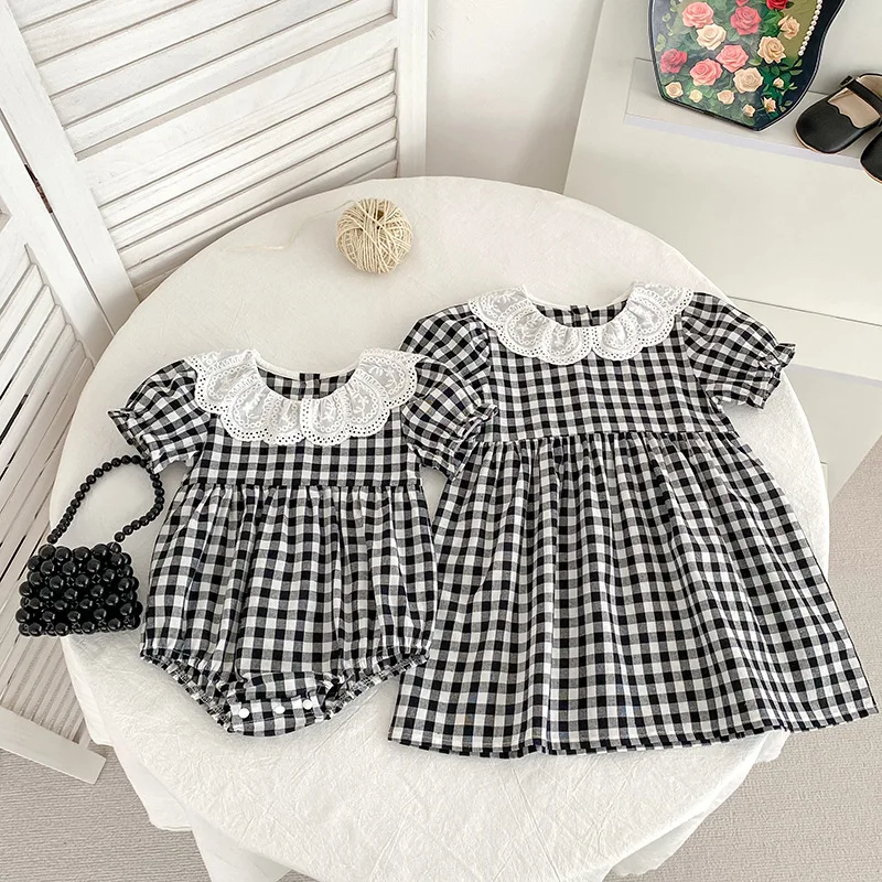 เด็กทารกเด็กหญิงลูกไม้ชุดRompersน้องสาวลายสก๊อตเสื้อผ้าเด็กหญิงชุดเจ้าหญิงครอบครัวเสื้อผ้าทารกแรกเกิดRompers