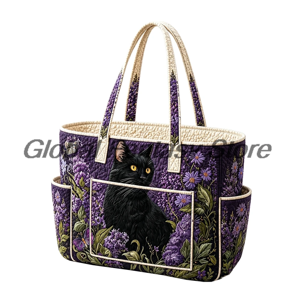 Black Cat Floral Books Print Multiple Pockets Quilted Tote Bag Shoulder Handbag Women Daily Shopping Bags