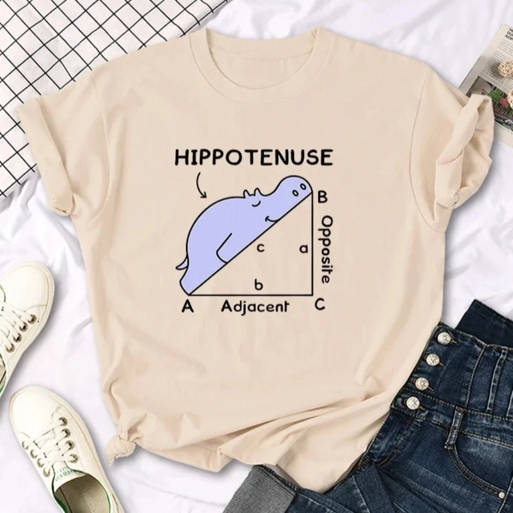 Women Hippo Sleeping on Math Problem Print Female Top Animal O-Neck Breathable Harajuku Short Sleeve Aesthetic Women Summer Tee