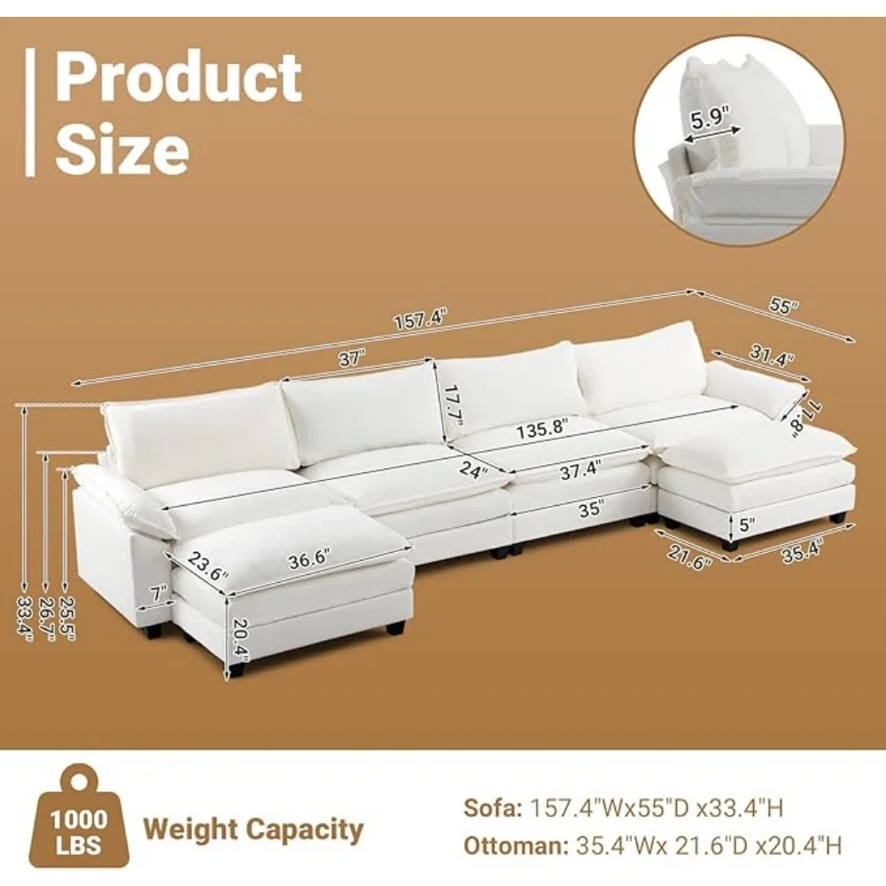 Cloud White/Cream Convertible Sectional Sofa, Comfy U-Shape Extra Deep Seat Sofa Couch for Living Room,Modern Chenille 4-Seat