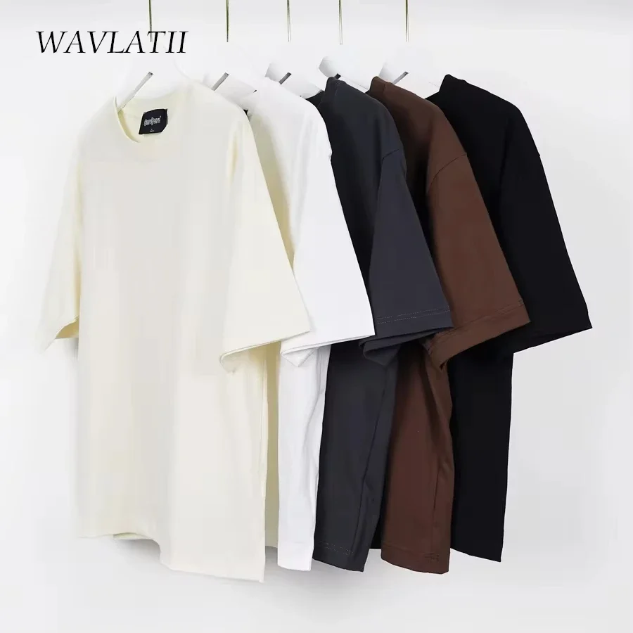 WAVLATII Oversized Summer T-shirt Women's Brown Casual Women's Korean Street T-shirt Unisex Basic Solid Young Cool Top