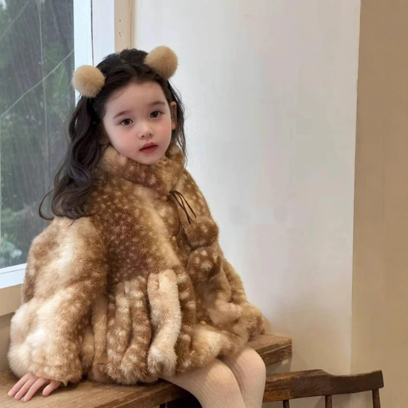 2025 New Winter Clothing with Thickened and Warm Fleece Stand up Collar Leopard Print Color Wool Ball Decoration Cotton Jacket