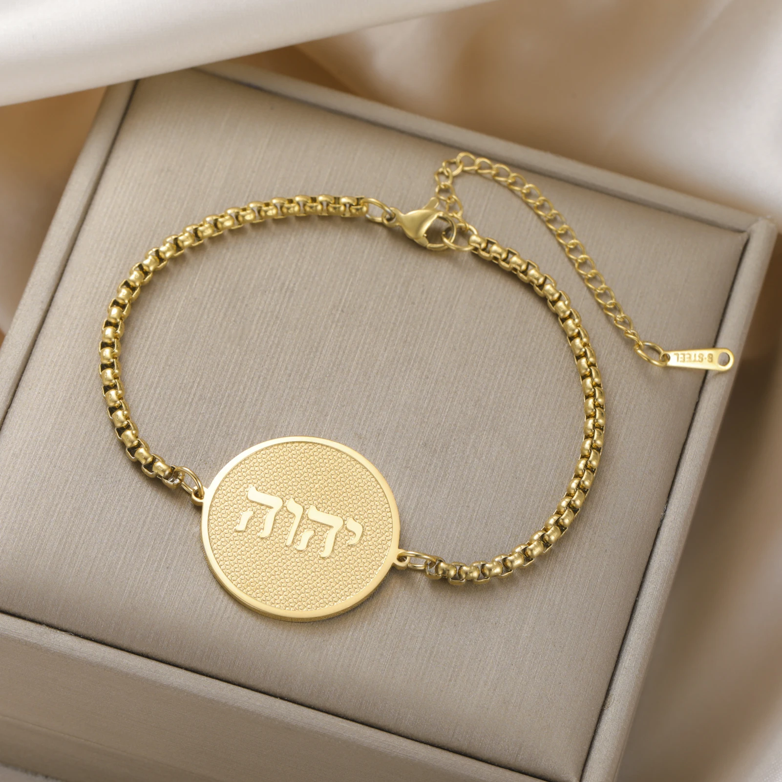 1PC Hebrew Text Pendant Bracelet Stainless Steel Gold Silver Box Chain Religious Amulet Jewelry for Men Women Daily Wear Gift