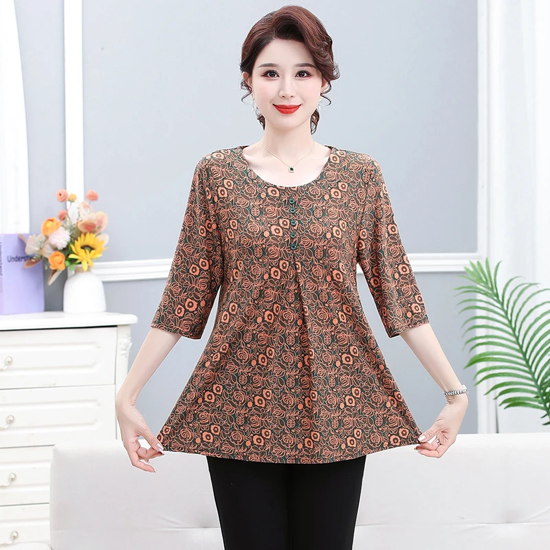 XL-7XL kemeja longgar wanita musim semi musim gugur atasan blus motif bunga kancing kerah leher-o lengan setengah kasual mode wanita