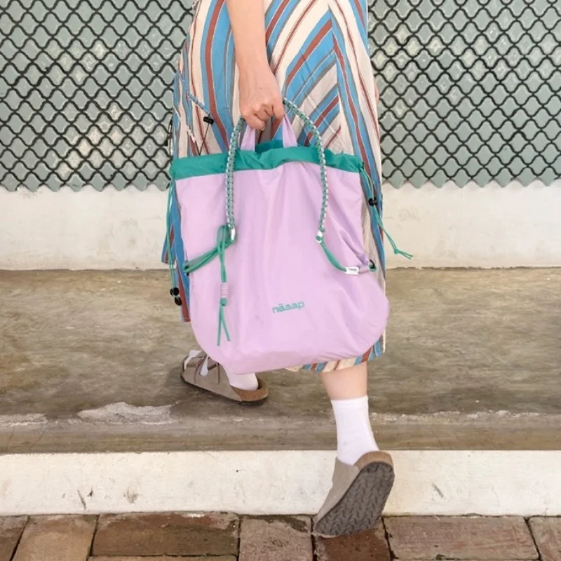 Casual Korean Contrast Color Knit Drawstring Handbag Shoulder Bags Women Multifunction Crossbody Bag