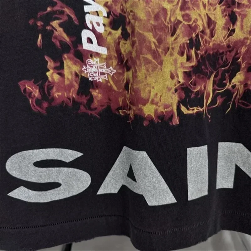 24ss Washed Black SAINT MICHAEL Vintage Hoodies Men Women 1:1 Flame Printing Oversized Pure Cotton Long Sleeved T-shirt