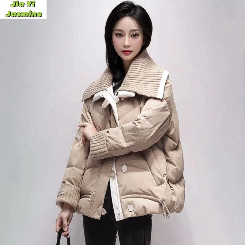 Women's 2024 Winter New Loose Knitted Collar Splicing Premium Retro Short Cotton Jacket