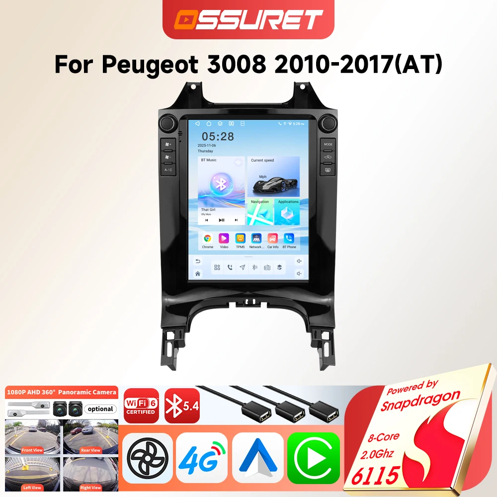 6115 Android Auto Multimedia per Peugeot 3008 2010-2017, Carplay Wireless, Lettore Intelligente con Schermo Verticale da 9,7 Pollici, Telecamera a 360°