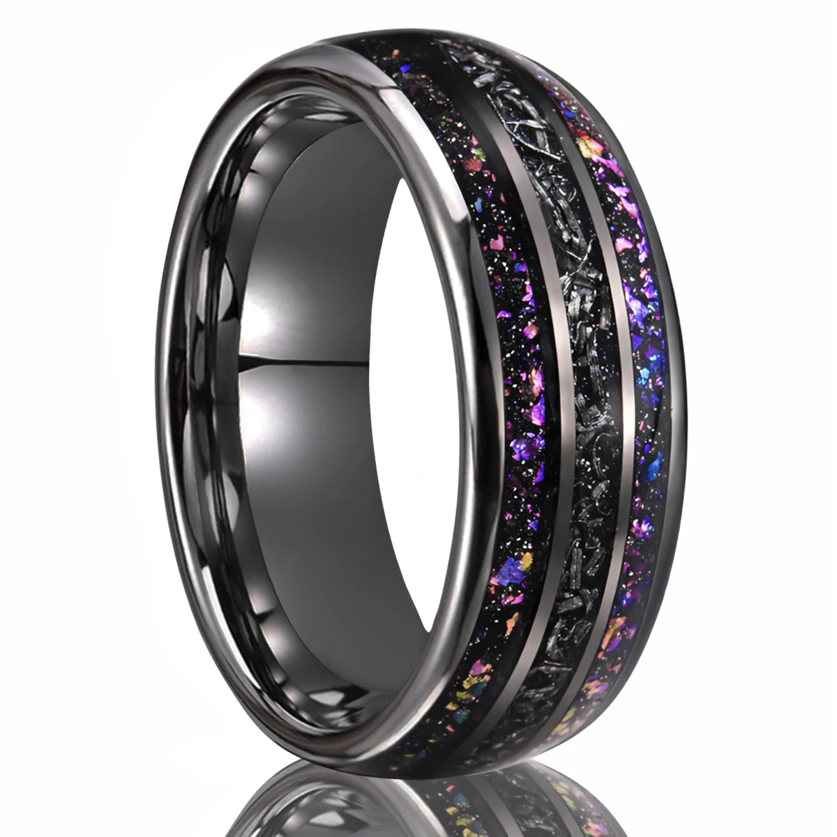 8mm Black Tungsten Carbide Ring Men's Wedding Bands, Inlaid With Meteorite Amethyst Fashion Jewelry Engagement & Wedding Ring