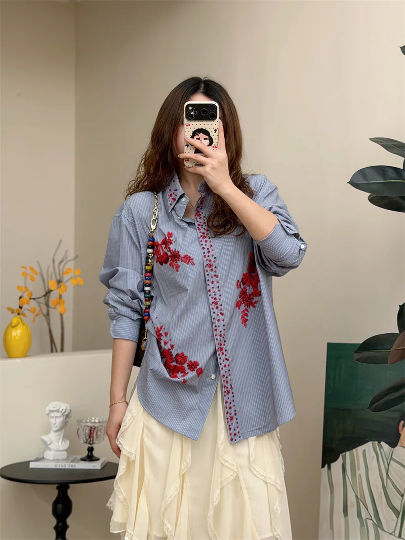 

Sun Protection Long Sleeve Embroidered Heavy Work Cotton Shirt Women's Spring Summer Fashion Casual Loose Fit Button down