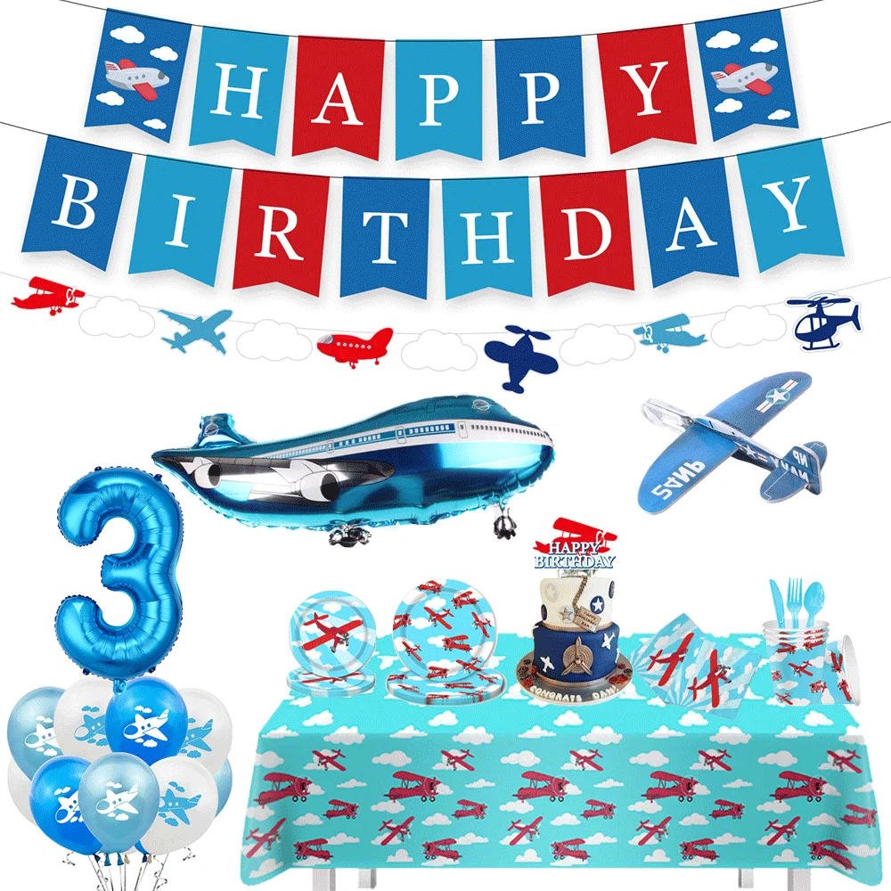 1Set Aircraft Themed Disposable Tableware Tablecloth Plate Cup Napkin Pull Flag Kids Aviator Adventure Birthday Party Decoration