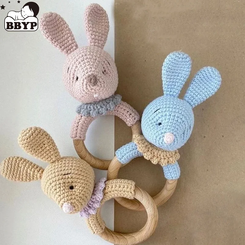 1PC Rabbit Dropshipping Crochet Rattle Soother Bracelet Teether Set Baby Product Mobile Pram Crib Ring Wooden Toys