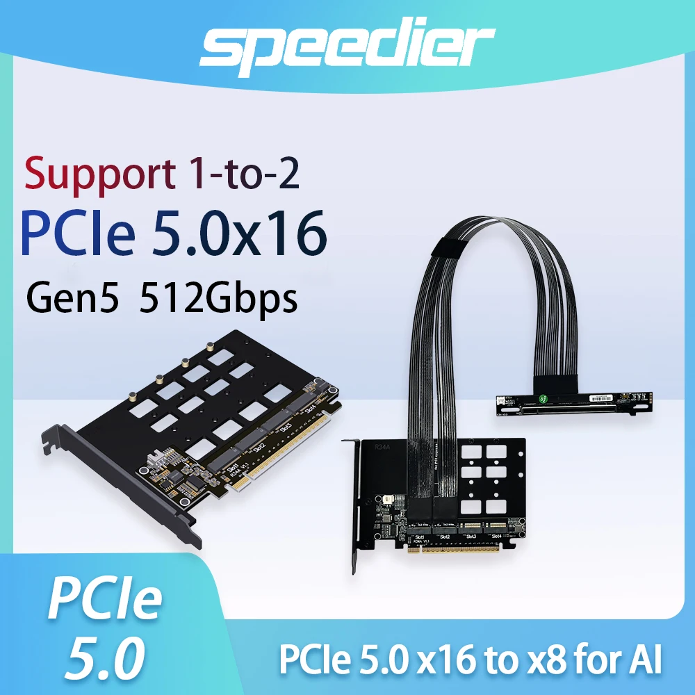 

PCIe 5.0 x16 M.2 NVMe to x8 Splitting Extension Cable Gen5 512Gbps for AI Local Deployment 1-to-2 1-to-4 High-Speed Silver