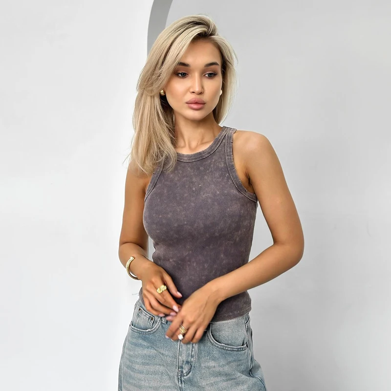 Retro Distressed Ribbed Tops for Women Sleeveless Shirt Sexy Cropped Tops Vintage Ripped Basic Knit Vest Teen Summer Y2k