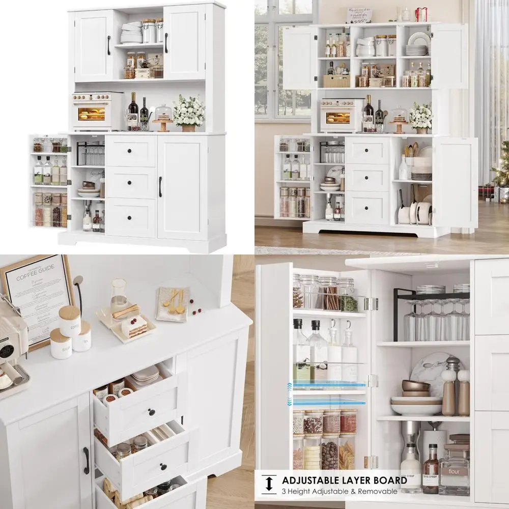 Freestanding Farmhouse Style Kitchen Pantry Cabinet with Microwave Stand and Door Shelves for Tall Storage Solutions