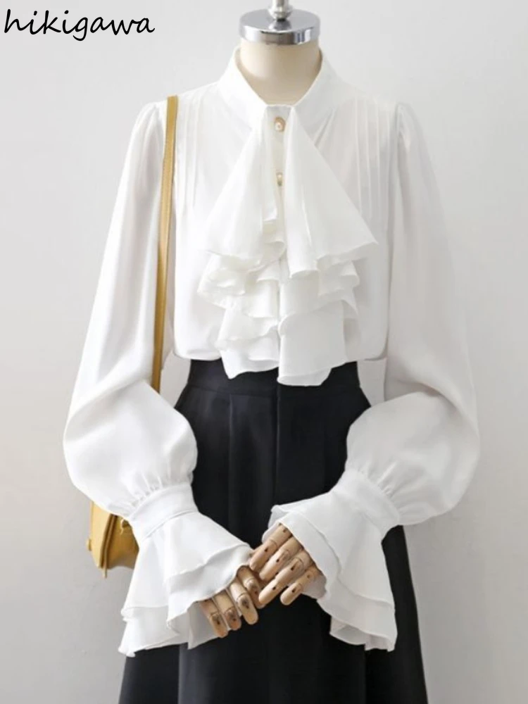 Temperament Tops Vintage Ruffles Blouses Women's Clothing Stand Neck Flare Sleeve Loose Summer Shirts 2025 Blusas Mujer De Moda
