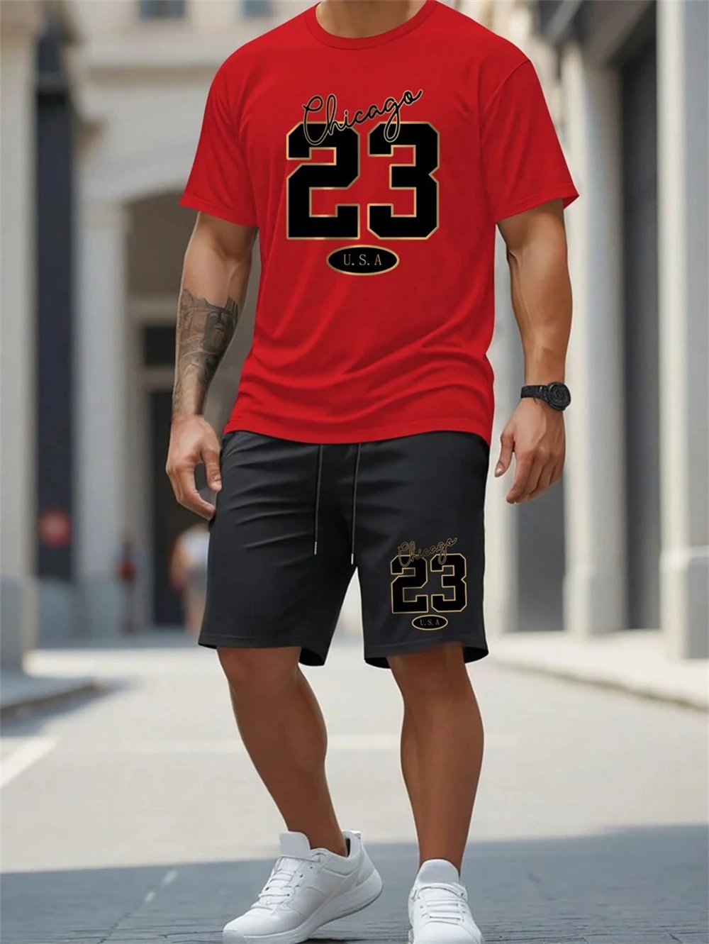 Men's New Summer Two-piece Set No. 23 Digital Print Trend T-shirt Casual  Clothing Short Sleeve Shorts Men's Summer Clothing