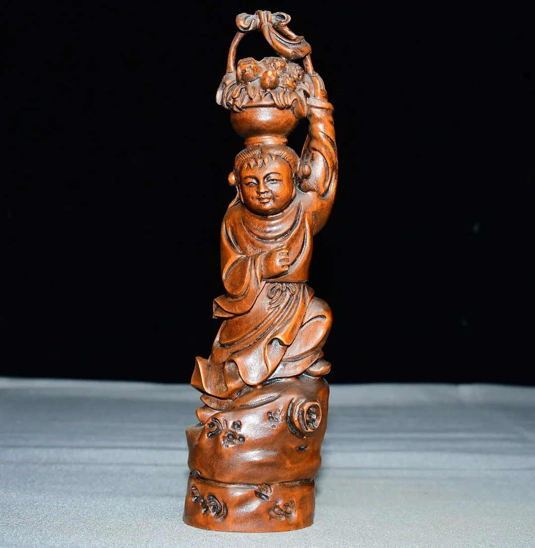 Old Boxwood He Xiangu immortal top of the head flower basket classical beauty Study Amass wealth Ornaments Town house
