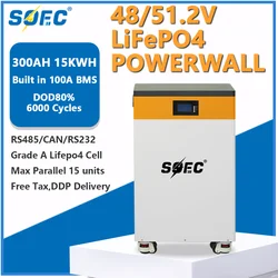 SOEC 48V 15KWh Lifepo4 Battery Pack 300ah 51.2V 6000 Cycles Solar Battery with RS485/CAN for RV Home Solar Energy Storage system