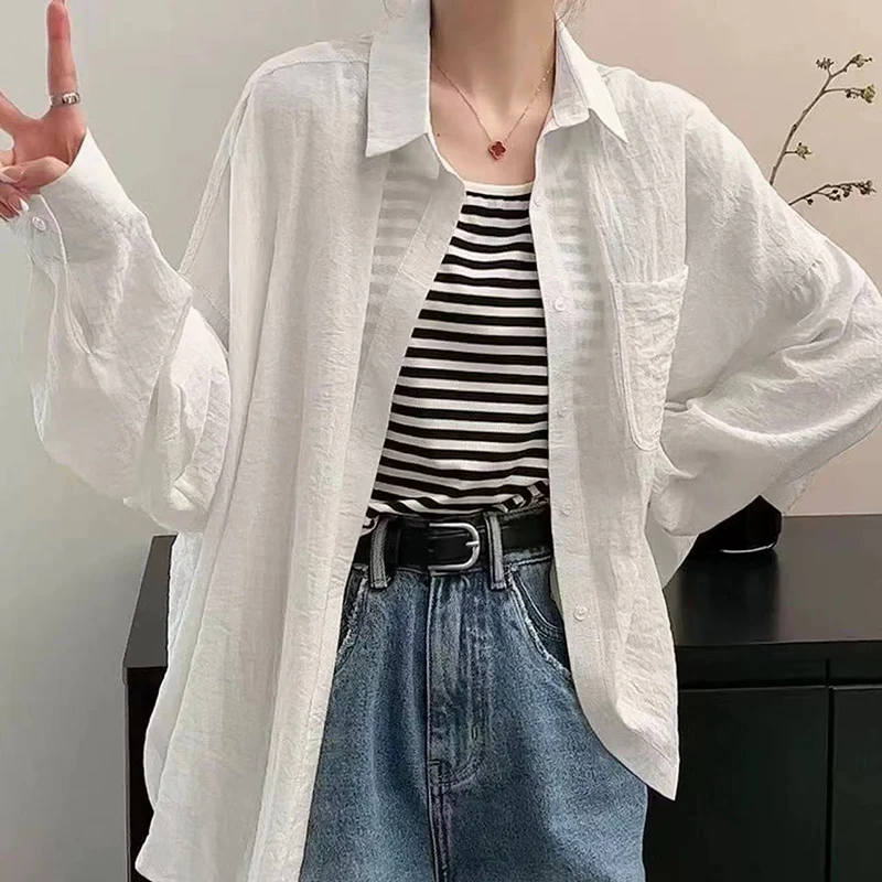 summer Green sun protection shirt Women Korean Chic loose Thin lapel Long Sleeve tops female Solid All-match Button Blouse