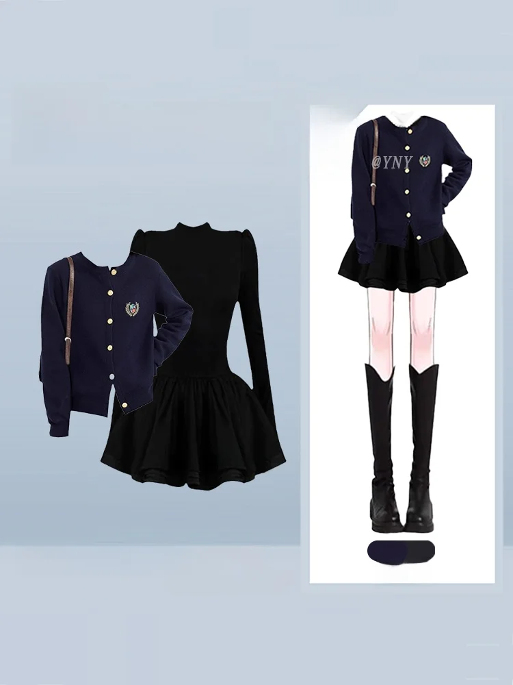 

Вязаный кардиган с высокой талией, женский модный комплект, осенняя юбка трапециевидной формы с воротником и вышивкой Briti Sle