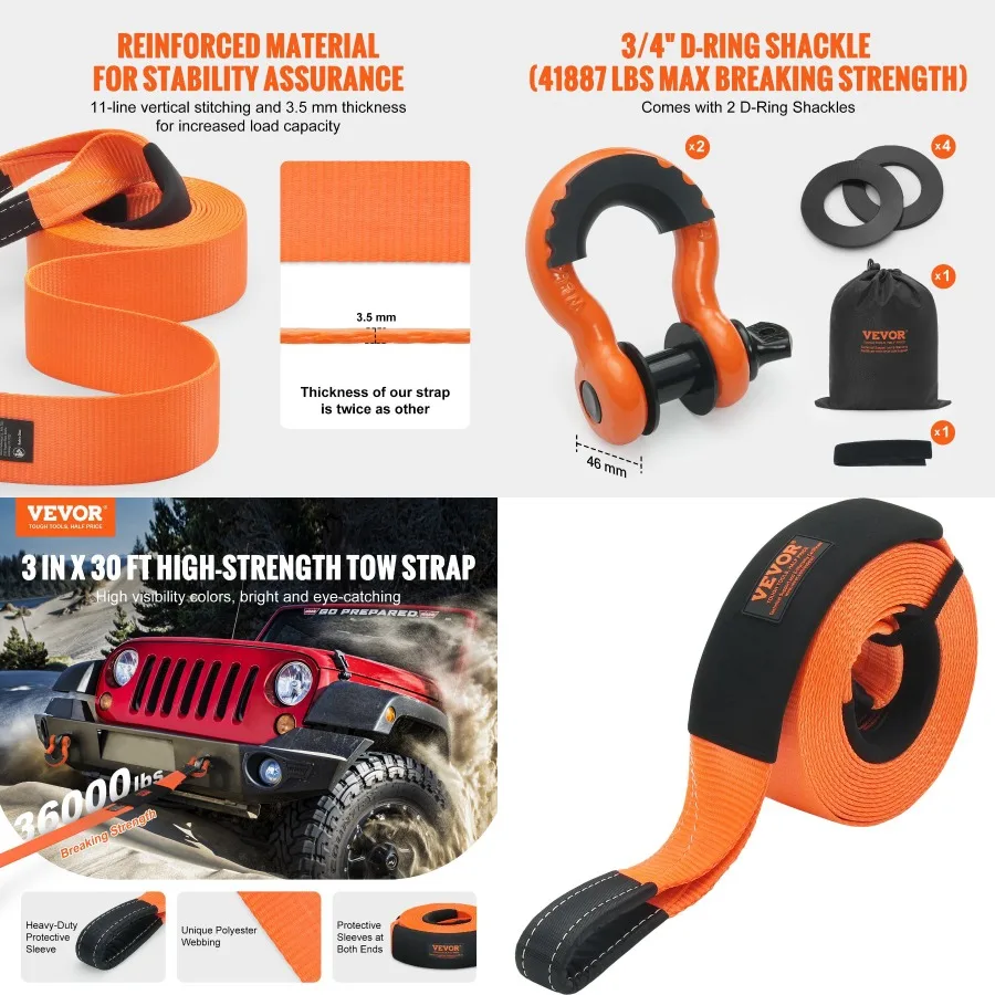 

VEVOR Heavy Duty Tow Strap Recovery Kit 3" x 30 ft MBS36 000 lbs Tree Saver Winch Strap Triple Reinford Loop and Protective Sle